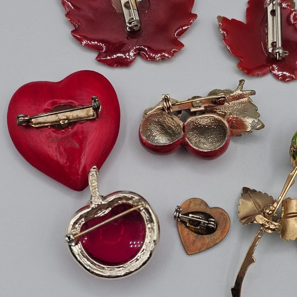 Red Brooch‎ Lot Enamel Floral Butterfly Heart Cherry Ladybug Nature